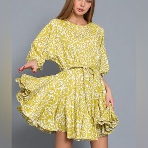 Aakaa Chartreuse and White Ruffled Tiered Mini Dress